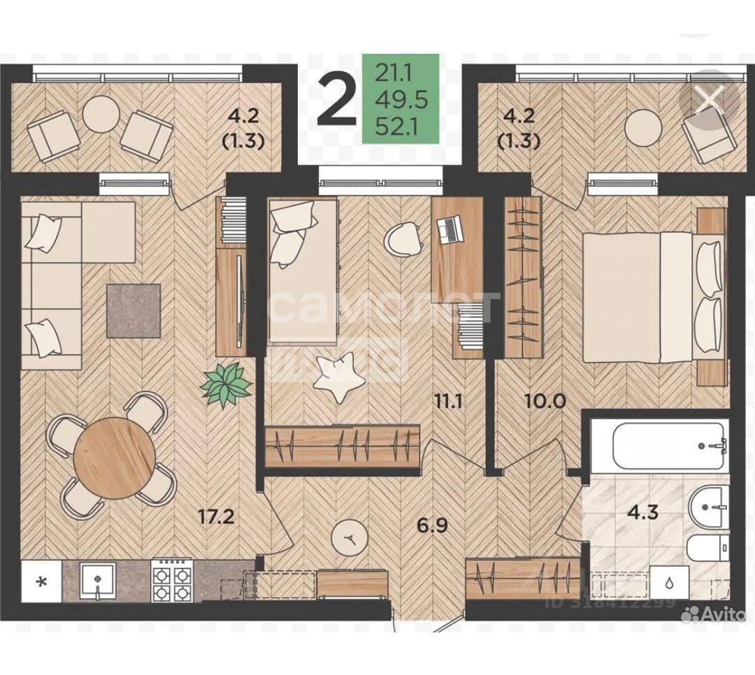 2-комн. квартира, 52 м² — миниатюра 3