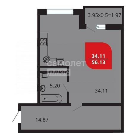 1-комн. квартира, 56 м² — миниатюра 12